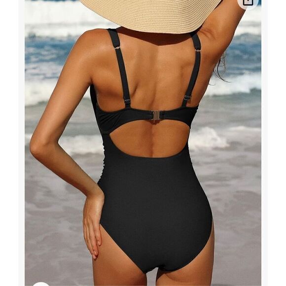 Charmo Womens One Piece Swimsuit Ruched Tummy Control High Cut Backless V Neck - Picture 2 of 6